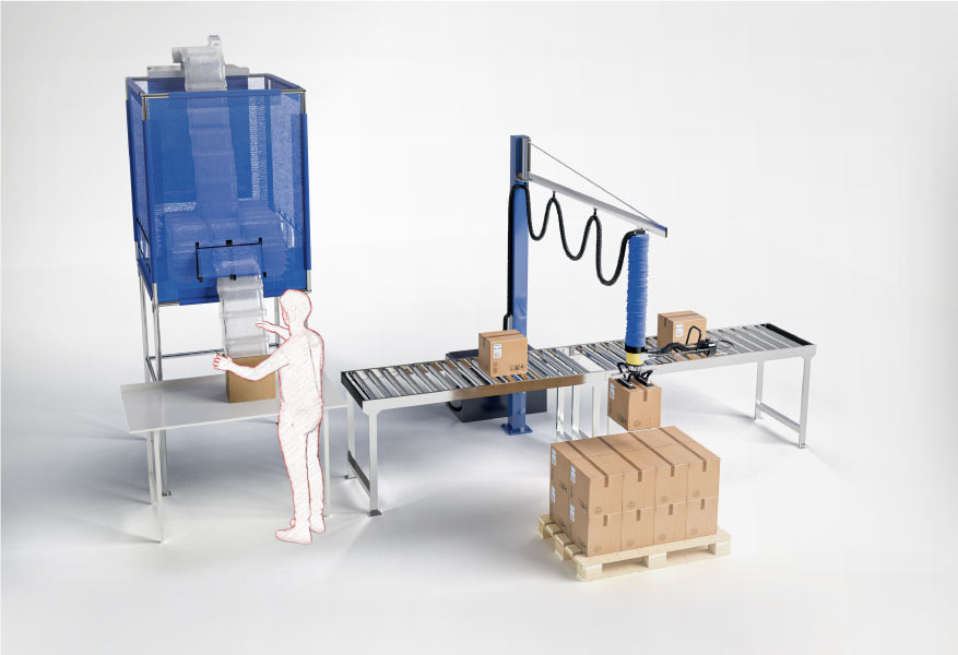 chaîne d'approvisionnement en emballages avec des machines, un poste de travail et une boîte d'emballage
