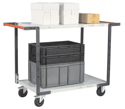 Servante FIMM flat-pack 2 plateaux mélaminé double poignées 850 x 500 mm roues caoutchouc 250 kg