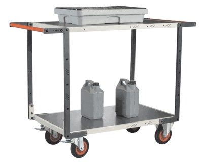 Servante FIMM flat-pack 2 plateaux tôle double poignées 850 x 500 mm roues caoutchouc 400 kg
