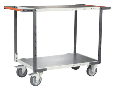 Servante FIMM flat-pack 2 plateaux tôle double poignées 850 x 500 mm roues TPE 400 kg