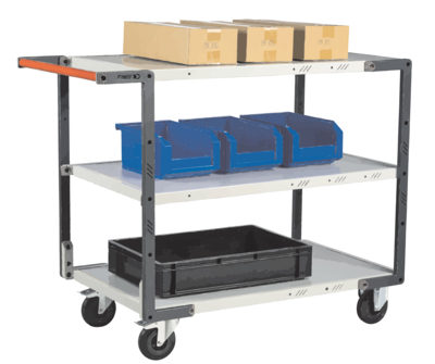 Servante FIMM flat-pack 3 plateaux mélaminé, 1000 x 600 mm, roues caoutchouc, 250 kg