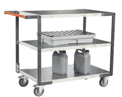 Servante FIMM flat-pack 3 plateaux tôle, 1000 x 600 mm, roues TPE, 250 kg
