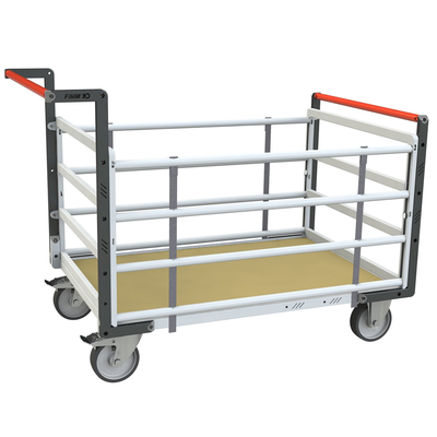 Chariot modulaire tube 2 dossiers + 2 ridelles, plateau bois 1000x600 mm, roues rectangle 500kg FIMM