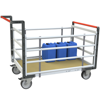 Chariot modulaire tube 2 dossiers + 2 ridelles, plateau bois 1000x600 mm, roues rectangle 500kg FIMM