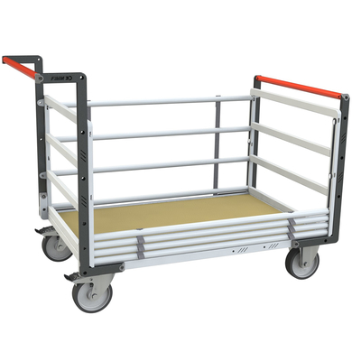 Chariot modulaire tube 2 dossiers + 2 ridelles, plateau bois 1000x600 mm, roues rectangle 500kg FIMM