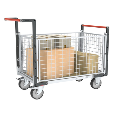 Chariot modulaire grillagé 2 dossiers+ 2 ridelles, plateau bois 1000x600, roues rectangle 500kg FIMM